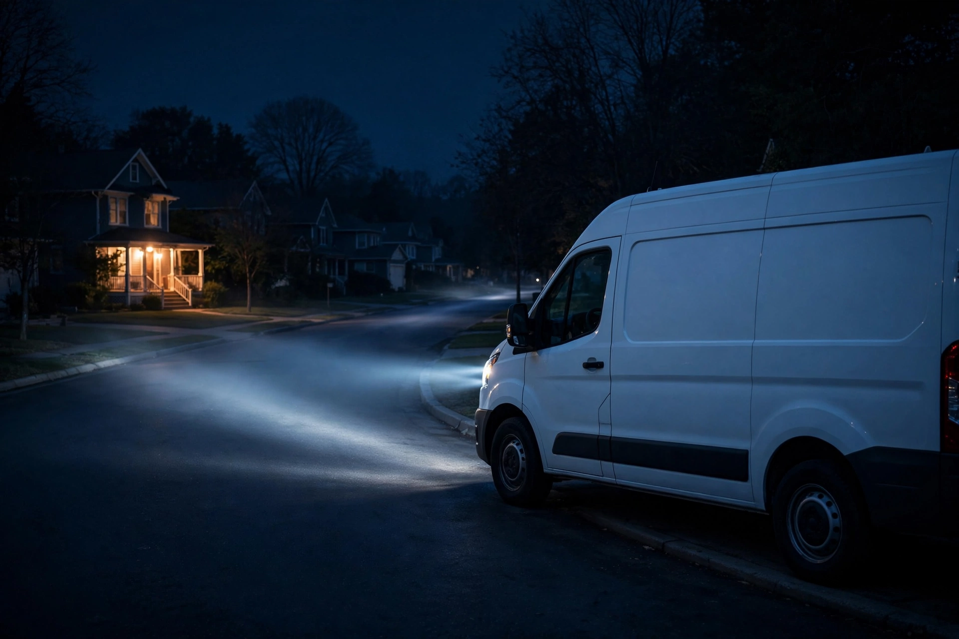 Service van with headlights on a quiet street at night
