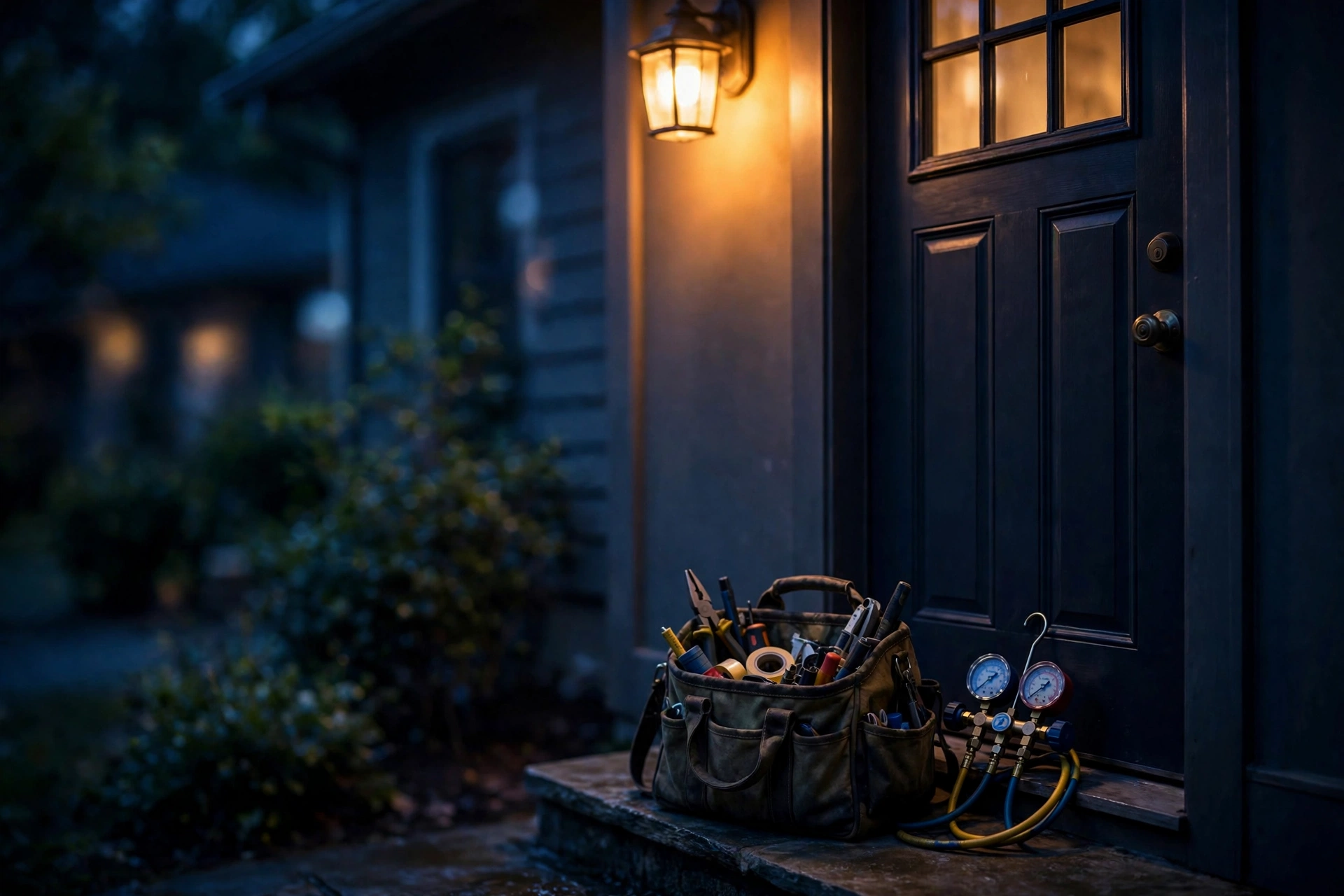 Tool bag and gauges on a doorstep under a warm porch light at night